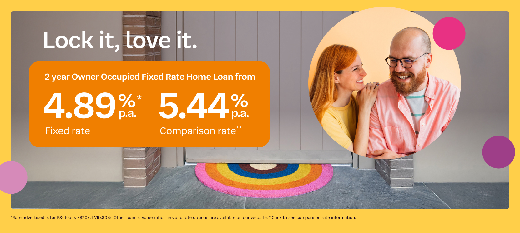 Lock it, love it. 2 year owner occupied fixed rate home loan from 4.89% p.a. fixed rate (5.44% p.a. comparison rate).